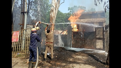 Firefighters at an industrial unit in Sahibabad Site IV . (Photo by Sakib Ali / Hindustan Times) (Sakib Ali/HT Photo) Firefighters at an industrial unit in Sahibabad Site IV . (Photo by Sakib Ali / Hindustan Times) (Sakib Ali/HT Photo)