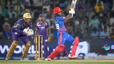DC were put in to bat by KKR and had a decent start thanks to Pathum Nissanka and KL Rahul, who had a 49-run partnership in quick time. But things flipped soon after Rahul's wicket – although Nissanka reached fifty, wickets kept tumbling to arrest the momentum. (Hindustan Times) DC were put in to bat by KKR and had a decent start thanks to Pathum Nissanka and KL Rahul, who had a 49-run partnership in quick time. But things flipped soon after Rahul's wicket – although Nissanka reached fifty, wickets kept tumbling to arrest the momentum. (Hindustan Times)