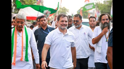 Lok Sabha LoP Rahul Gandhi during the Sadbhav Yatra, in Gurugram on Friday. (AICC) Lok Sabha LoP Rahul Gandhi during the Sadbhav Yatra, in Gurugram on Friday. (AICC)