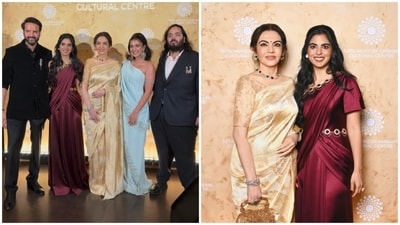 The Ambani family made fashion statements at the Venice Biennale with Nita Ambani's luxurious saree and Isha Ambani and Radhika Merchant's sophisticated gowns. (Instagram/ Vogue Arabia and NMACC)