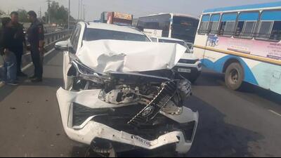 The damaged SUV near the Panipat toll plaza on Friday. (HT Photo)