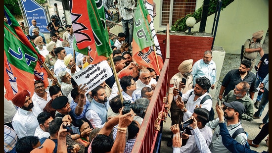 BJP workers staging a protest against Punjab chief minister Bhagwant Mann in Jalandhar on Friday. (ANI)