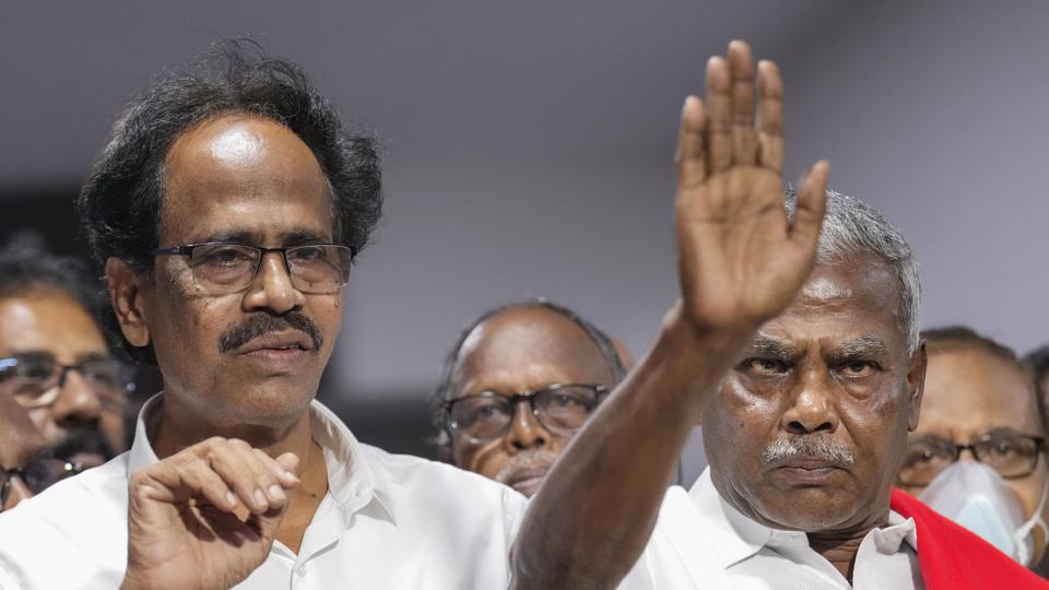 CPI(M) Tamil Nadu General Secretary P Shanmugam, right, and CPI state General Secretary M Veerapandian during a joint press conference to announce their support to Tamilaga Vettri Kazhagam (TVK) (PTI) CPI(M) Tamil Nadu General Secretary P Shanmugam, right, and CPI state General Secretary M Veerapandian during a joint press conference to announce their support to Tamilaga Vettri Kazhagam (TVK) (PTI)