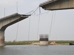 A view of Vikramshila Setu after a portion collapsed into the Ganga River, in Bhagalpur, on May 4.Monday, (HT Photo)