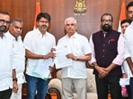 TVK chief Vijay meets Tamil Nadu Governor Rajendra Arlekar to stake claim to form the government at Lok Bhavan, in Chennai on Friday. (Tamil Nadu Lok Bhavan/ANI Photo)