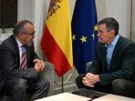 World Health Organization (WHO) Director-General Tedros Adhanom Ghebreyesus talks with Spain's Prime Minister Pedro Sanchez regarding the hantavirus outbreak.