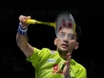 India's Lakshya Sen plays against Taiwan's Lin Chun-Yi during the men's singles final match at the All England Open Badminton Championships in Birmingham. (AP)