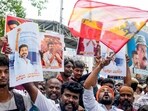 Tamilaga Vettri Kazhagam (TVK) and Viduthalai Chiruthaigal Katchi (VCK) supporters outside VCK party headquarters in Chennai.