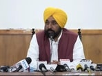 Punjab chief minister Bhagwant Mann addressing a press conference in Sangrur on Saturday. (HT Photo)