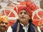 Samajwadi Party president Akhilesh Yadav addresses a press conference in Lucknow on Saturday. (HT)
