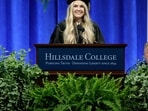 At Hillsdale College's commencement, Erika Kirk reflected on her late husband Charlie's passion for learning and faith.(Photo by JEFF KOWALSKY / AFP)