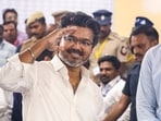 TVK chief Vijay celebrates after emerging as the single-largest party in the Tamil Nadu Assembly elections results, in Chennai. TVK chief Vijay celebrates after emerging as the single-largest party in the Tamil Nadu Assembly elections results, in Chennai.