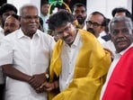TVK chief Vijay being welcomed by CPI(M) Tamil Nadu state secretary P Shanmugam and senior party leaders during the former's visit to the CPI(M) headquarters, in Chennai.