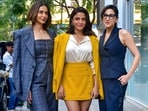 Sara Ali Khan, Rakul Preet Singh, and Wamiqa Gabbi pose for a group photograph to promote their upcoming film Pati Patni Aur Woh Do.
