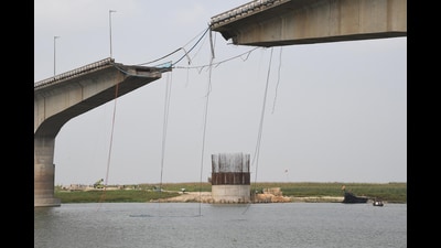 A view of Vikramshila Setu after a portion collapsed into the Ganga River, in Bhagalpur, on May 4.Monday, (HT Photo)