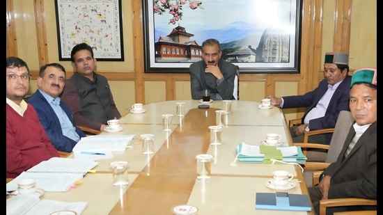 Chief minister Sukhvinder Singh Sukhu presiding over the meeting with Himachal Pradesh State Disaster Management Authority, Shimla, on Saturday. (HT Photo)