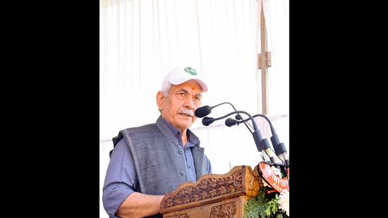 Lieutenant governor of Jammu and Kashmir Manoj Sinha addresses a public gathering during the Padyatra as part of Drug-Free J&K Campaign, in Anantnag on Saturday. (ANI)