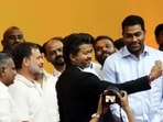 Tamilaga Vettri Kazhagam (TVK) Chief C. Joseph Vijay during the oath taking ceremony of Tamil Nadu CM, in Chennai on Sunday. Lok Sabha Leader of Opposition and Congress MP Rahul Gandhi also present. 
