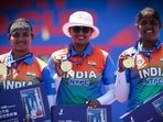 India’s Ankita Bhakat (from left), Deepika Kumari and Kumkum Mohod after winning the women’s recurve team gold. (World Archery)