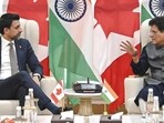 India’s Commerce and Industry Minister Piyush Goyal (right) with Canada’s Minister of International Trade Maninder Sidhu during a meeting in New Delhi on March 2. (PTI)