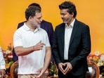New TN CM and TVK boss C Joseph Vijay with Congress MP and Lok Sabha LOP Rahul Gandhi during the former's swearing-in ceremony, at Jawaharlal Nehru Stadium in Chennai on Sunday, May 10, 2026. 