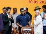 Tamil Nadu Governor Rajendra Arlekar greets newly-elected state Chief Minister and TVK chief C Joseph Vijay during the latter's swearing-in ceremony.