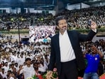 Tamil Nadu CM oath ceremony highlights: Newly elected Tamil Nadu chief minister and Tamilaga Vettri Kazhagam (TVK) chief C Joseph Vijay takes a selfie with the gathering during his swearing-in ceremony, at Jawaharlal Nehru Stadium, in Chennai, Sunday.
