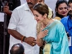 Actor Trisha Krishnan greets Tamilaga Vettri Kazhagam (TVK) chief C Joseph Vijay's mother Shoba Chandrasekhar during the TVK chief's swearing-in ceremony as Tamil Nadu Chief Minister.