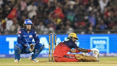 Ultimately, it was the versatility of Krunal Pandya, given a promotion against his former team on the night, that came in clutch for RCB. Pandya struck five sixes in his 73(46), keeping RCB within touching distance despite battling cramps throughout his body – but he fell to a sensational catch late on, before he could see it through. (AFP)