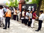 Aspirants undergo a security check before appearing for the National Eligibility-cum-Entrance Test (NEET-UG) examination on May 3.
