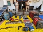 Arms, ammunition, explosives and other materials unearthed from the Maoist bunked in Chhattisgarh’s Bijapur. (HT Photo) Arms, ammunition, explosives and other materials unearthed from the Maoist bunked in Chhattisgarh’s Bijapur. (HT Photo)