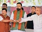 Bihar CM Samrat Choudhary with BJP national president Nitin Nabin at an event in Patna on Monday (SANTOSH KUMAR/HT)
