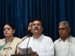 Newly elected West Bengal's chief minister, Suvendu Adhikari (C), along with his cabinet ministers. (AFP)