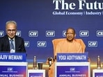 Uttar Pradesh chief minister Yogi Adityanath (centre) during the CII Annual Business Summit 2026, in New Delhi, Monday. (PTI Photo)