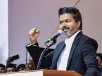 Tamil star and Tamilaga Vettri Kazhagam (TVK) chief C Joseph Vijay takes oath as Tamil Nadu Chief Minister during his swearing-in ceremony, at Jawaharlal Nehru Stadium. 