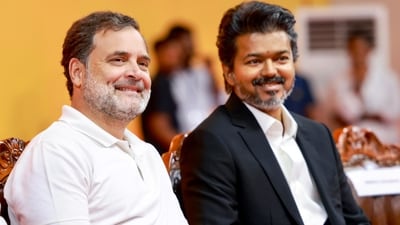 Lok Sabha LoP Rahul Gandhi with newly-elected Tamil Nadu chief minister C Joseph Vijay in Chennai on Sunday. (AICC) Lok Sabha LoP Rahul Gandhi with newly-elected Tamil Nadu chief minister C Joseph Vijay in Chennai on Sunday. (AICC)