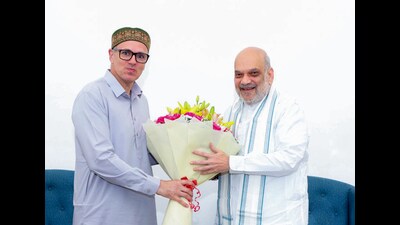 Union home minister Amit Shah meets Jammu and Kashmir CM Omar Abdullah, in New Delhi on Monday. (ANI)