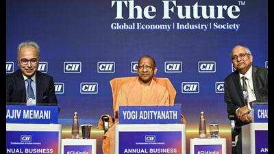 Uttar Pradesh chief minister Yogi Adityanath (centre) during the CII Annual Business Summit 2026, in New Delhi, Monday. (PTI Photo) Uttar Pradesh chief minister Yogi Adityanath (centre) during the CII Annual Business Summit 2026, in New Delhi, Monday. (PTI Photo)