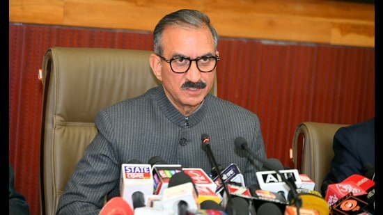 Himachal chief minister Sukhvinder Singh Sukhu during a press conference in Himachal on Monday. (Deepak Sansta/HT)