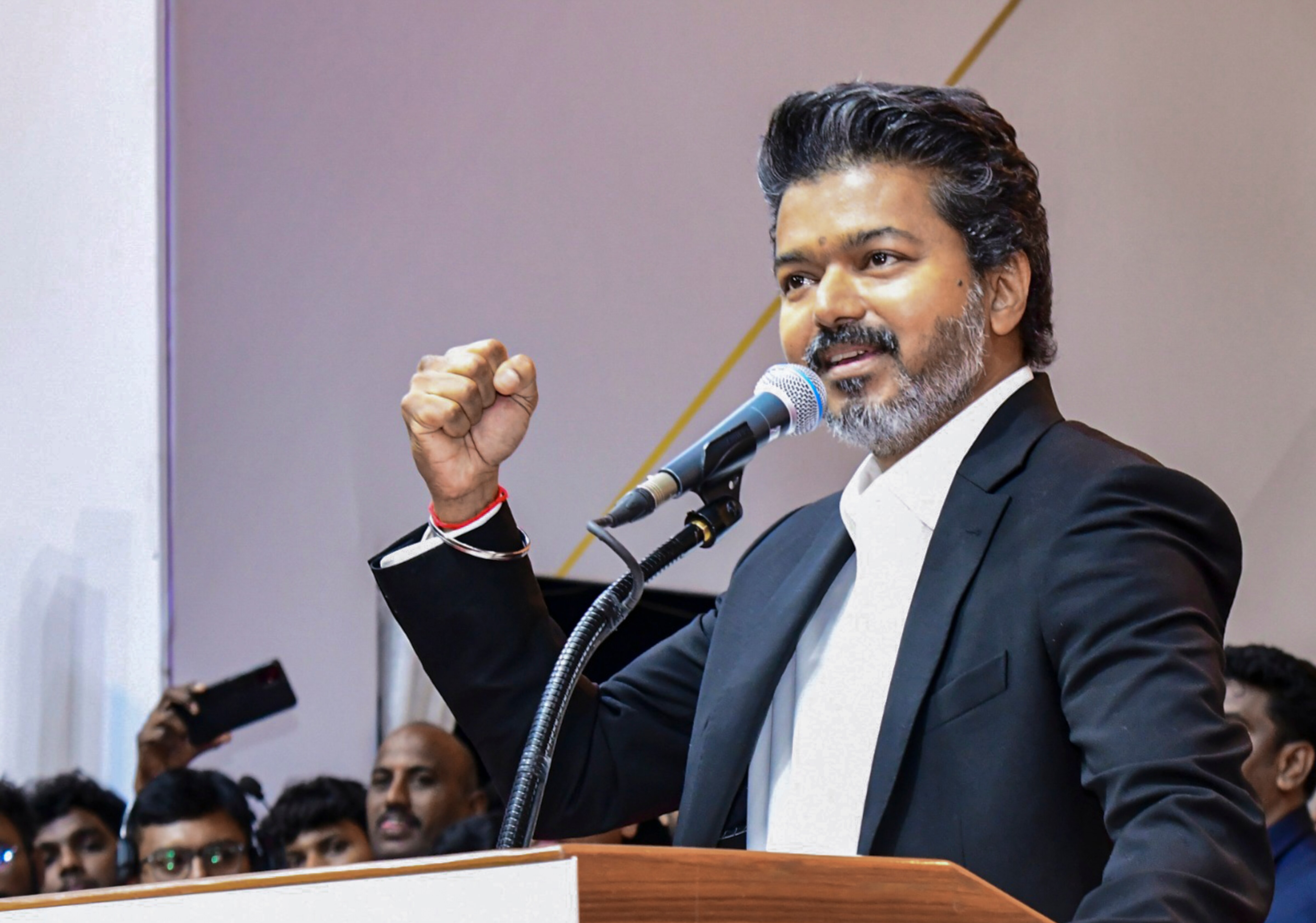 Tamil star and Tamilaga Vettri Kazhagam (TVK) chief C Joseph Vijay took oath as Tamil Nadu Chief Minister during his swearing-in ceremony, at Jawaharlal Nehru Stadium. (PTI) Tamil star and Tamilaga Vettri Kazhagam (TVK) chief C Joseph Vijay took oath as Tamil Nadu Chief Minister during his swearing-in ceremony, at Jawaharlal Nehru Stadium. (PTI)