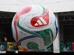 A giant model of the football called "Trionda" is displayed at Mexico City International Airport, ahead of the World Cup. (REUTERS)