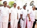 AIADMK general secretary Edappadi Palaniswami (middle) arrives at the legislative assembly on Monday.
