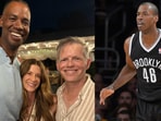 Left panel: Jason Collins (L) with author Kate Gordon and his husband, Brunson Green (R) on their wedding day. Right panel: Jason Collins playing for Brooklyn Nets in his final season in the NBA.
