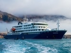 This undated photo provided by Oceanwide Expeditions shows the m/v Hondius, a Polar Class 6 passenger vessel, at sea.(Oceanwide Expeditions via AP)