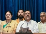 West Bengal chief minister Suvendu Adhikari addresses a press conference after the first cabinet meeting of the state government, in Howrah. West Bengal chief minister Suvendu Adhikari addresses a press conference after the first cabinet meeting of the state government, in Howrah.