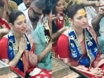 Tamannaah Bhatia seeks blessings at Mahakaleshwar Temple, attends Bhasma Aarti.(ANI)