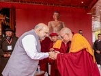 Union Home Minister Amit Shah being greeted during the inauguration of the first international exposition of holy relics of Lord Buddha on the occasion of Buddh Purnima, in Ladakh. (PTI)