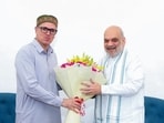 Union home minister Amit Shah meets Jammu and Kashmir CM Omar Abdullah, in New Delhi on Monday. (ANI)