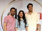 Actor and producer Aamir Khan, along with Sai Pallavi and Junaid Khan, attend an event promoting Ek Din. (Photo by Sujit JAISWAL / AFP)