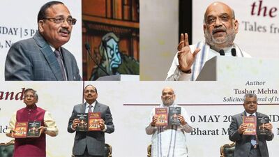 R Venkataramani (Attorney General for India), Surya Kant (Chief Justice of India), Amit Shah (Union Home Minister and Minister of Cooperation) and Tushar Mehta (Solicitor General of India) launched Mehta’s books on Sunday. (Photo: Naveen Sharma/ ANI)